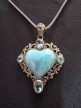 JTV Larimar & Blue Topaz Heart Pendant Necklace 18" Popcorn Chain #VMH045